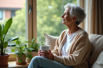 Femme détendue regardant par la fenêtre avec un sourire