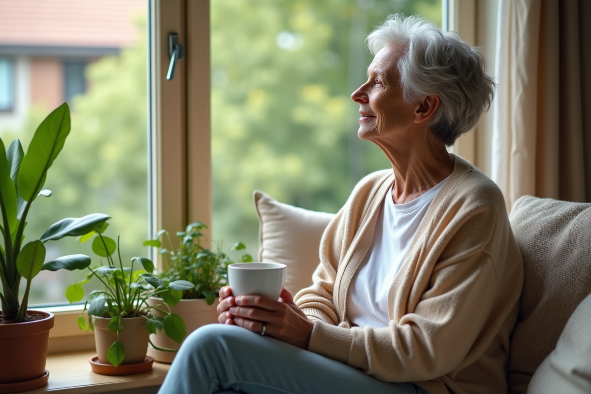 Femme détendue regardant par la fenêtre avec un sourire