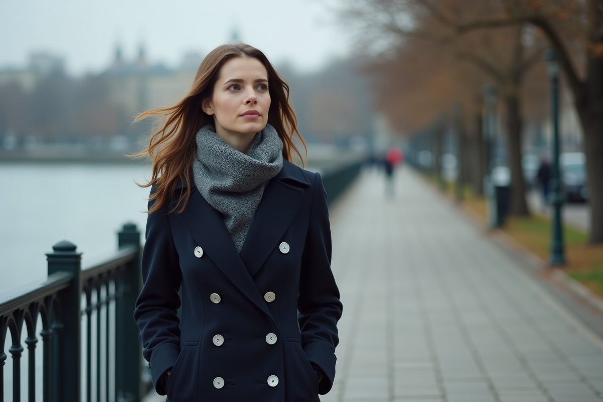 Femme en manteau marchant au bord de la rivière en ville