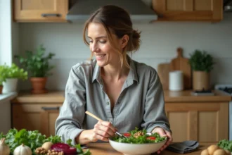 Femme préparant une salade de légumes frais pour améliorer la santé du foie et réduire les transaminases naturellement