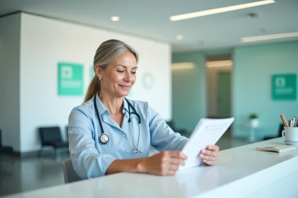 Femme d'âge moyen dans une blouse bleue à la réception d'une clinique