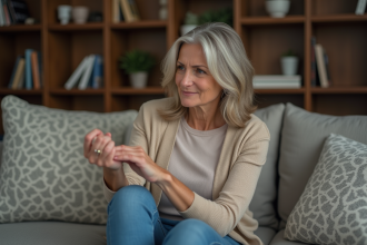 Femme d'âge moyen en salon essayant de lever le bras