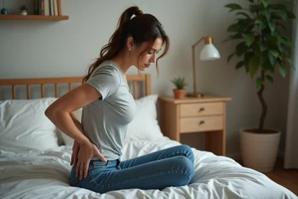 Femme assise sur le lit avec une posture réfléchie