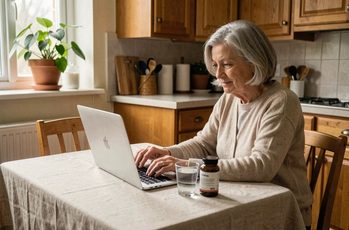 Femme senior consultant un avis médical sur le GCA 2700 depuis chez elle