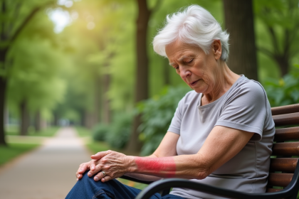 Femme senior assise sur un banc regarde son bras rouge