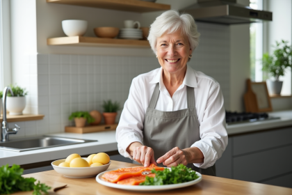 Femme senior souriante préparant un repas équilibré avec œufs et saumon