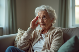 Femme senior assise sur un canapé avec expression inquiète