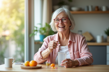 Femme senior souriante prenant une vitamine B6 au matin