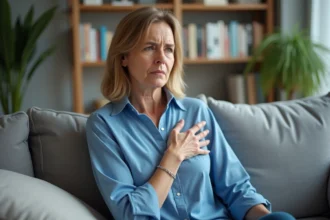 Femme d'âge moyen en blouse bleue assise sur un canapé