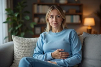 Femme assise sur un canapé avec une main sous le côté droit