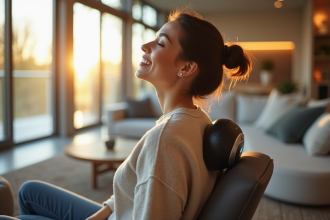 Femme souriante utilisant un masseur dorsal dans un salon moderne