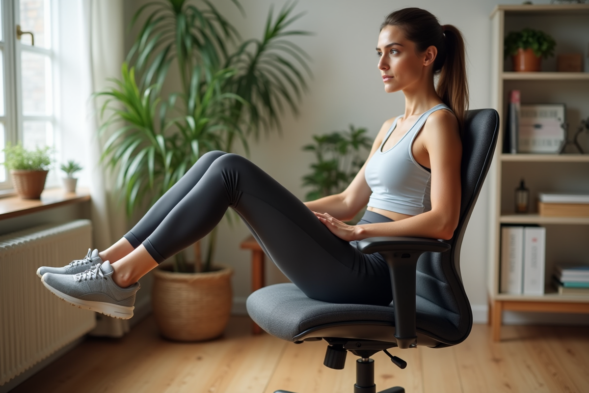 Femme en tenue de sport assise en bureau lumineux