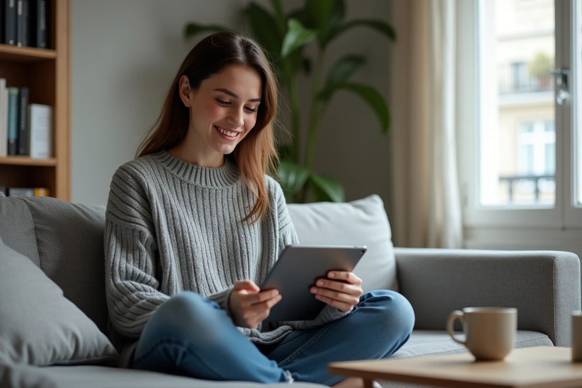 Jeune femme suivant un stage en ligne UPEC sur une tablette depuis son appartement parisien