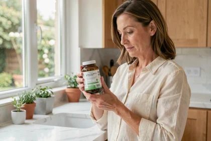 Femme lisant l'étiquette d'un supplément probiotique dans une cuisine moderne, comparant postbiotiques et probiotiques classiques