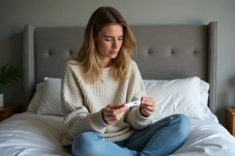 Femme regardant un test de grossesse dans une chambre moderne