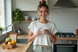 Femme souriante dans la cuisine avec tisane et fruits