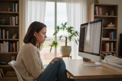 Jeune femme au travail à domicile sur un bureau moderne