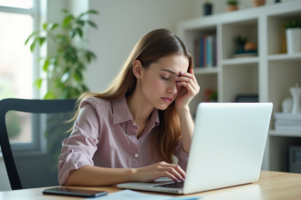 Jeune femme travaillant sur un ordinateur dans une pièce lumineuse