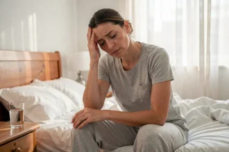 Femme fatiguée assise sur le bord du lit le matin, souffrant de vertiges et de stress au réveil