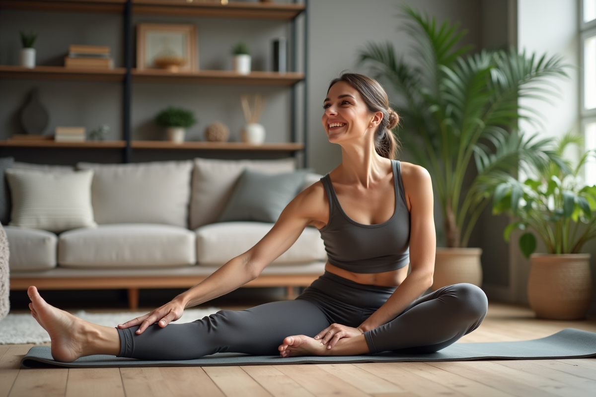 Femme de 45 ans en yoga dans un salon zen