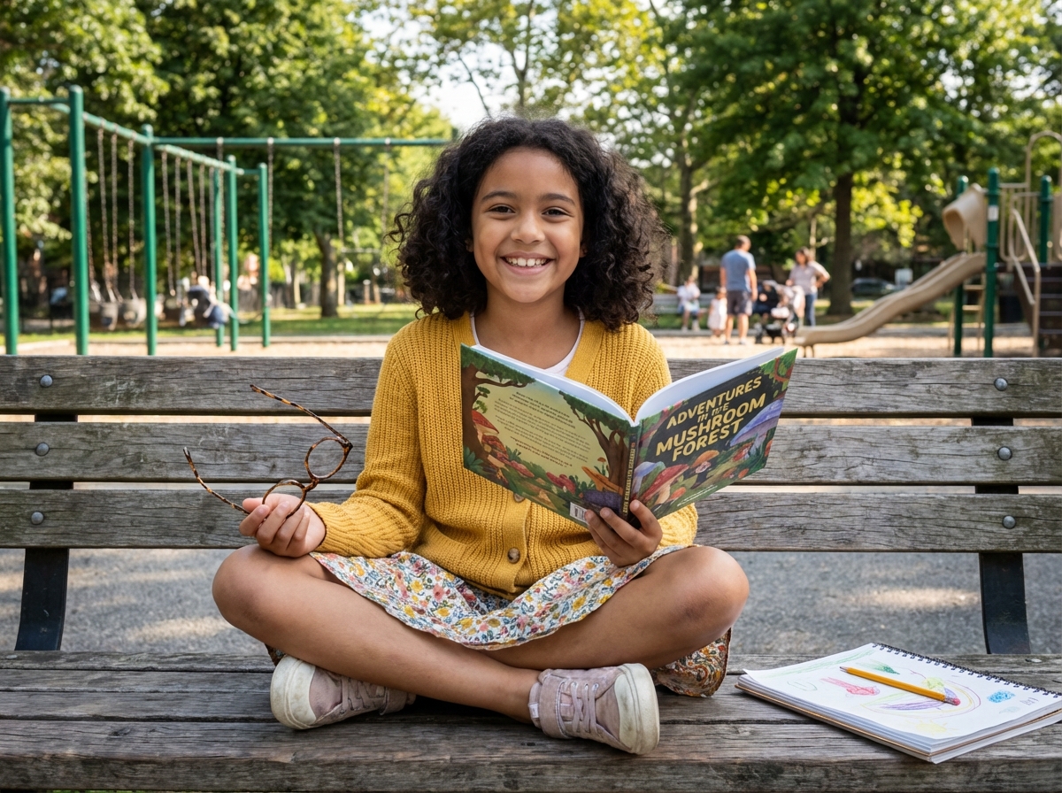 Fille souriante lisant un livre dans un parc en plein air