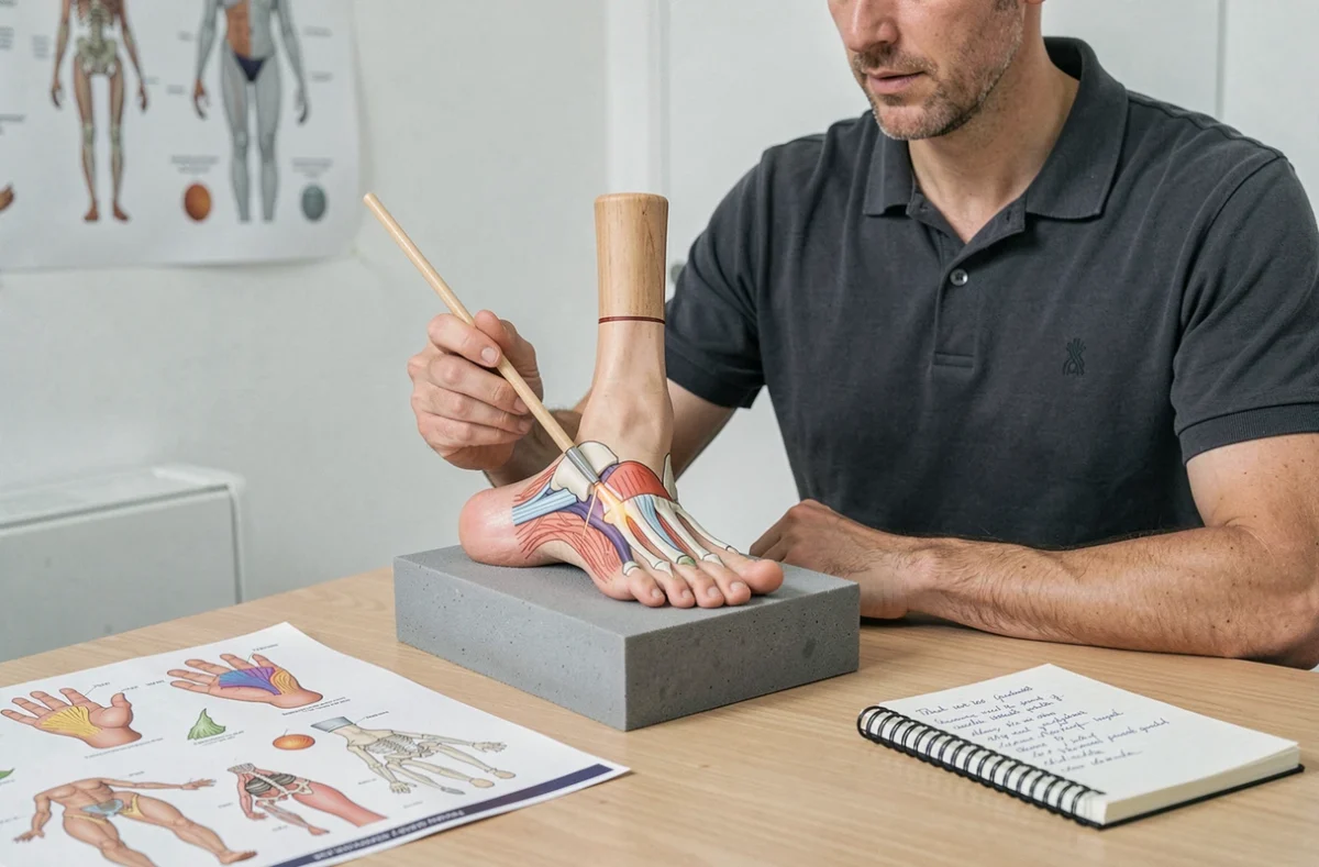 Formateur en réflexologie expliquant les zones réflexes des orteils sur un schéma anatomique du pied