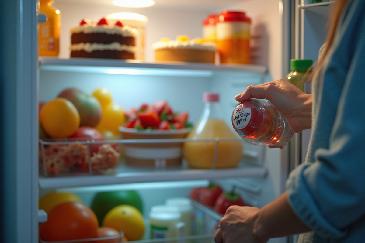 Main ouvrant un refrigerateur rempli de gateaux et boissons sucrées