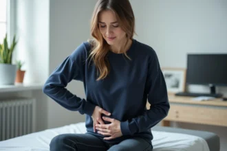 Femme consultant un médecin pour des ganglions inguinaux gonflés après une infection, examen clinique en cabinet médical