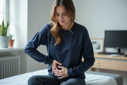 Femme consultant un médecin pour des ganglions inguinaux gonflés après une infection, examen clinique en cabinet médical