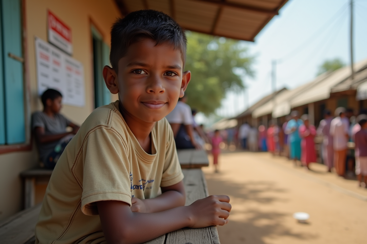 Garçon patient assis lors d une campagne de santé rurale