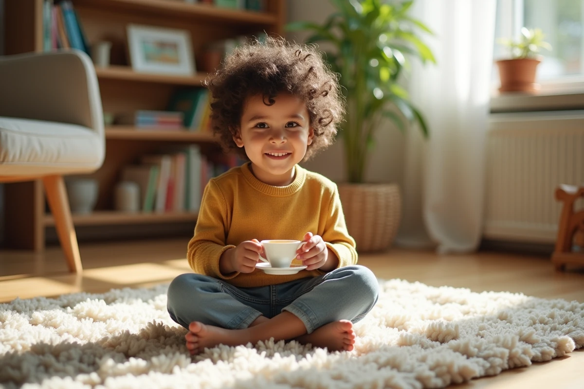 Garçon de 5 ans avec tasse de thym dans le salon lumineux