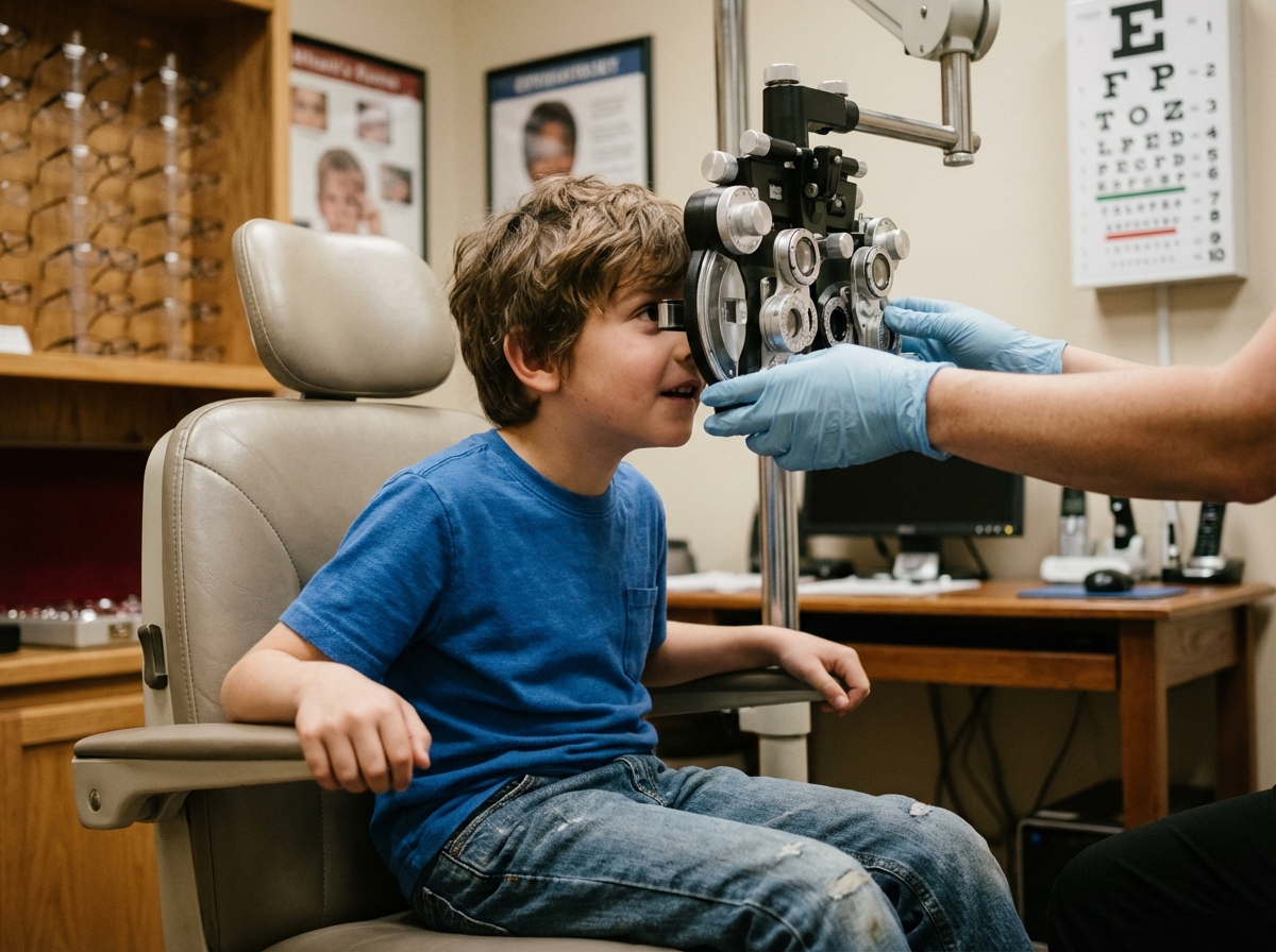 Garçon curieux lors d'un examen de vue en cabinet d'optometrie