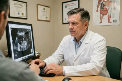 Gastro-entérologue consultant un patient en cabinet médical avec des images d'échographie abdominale à l'écran