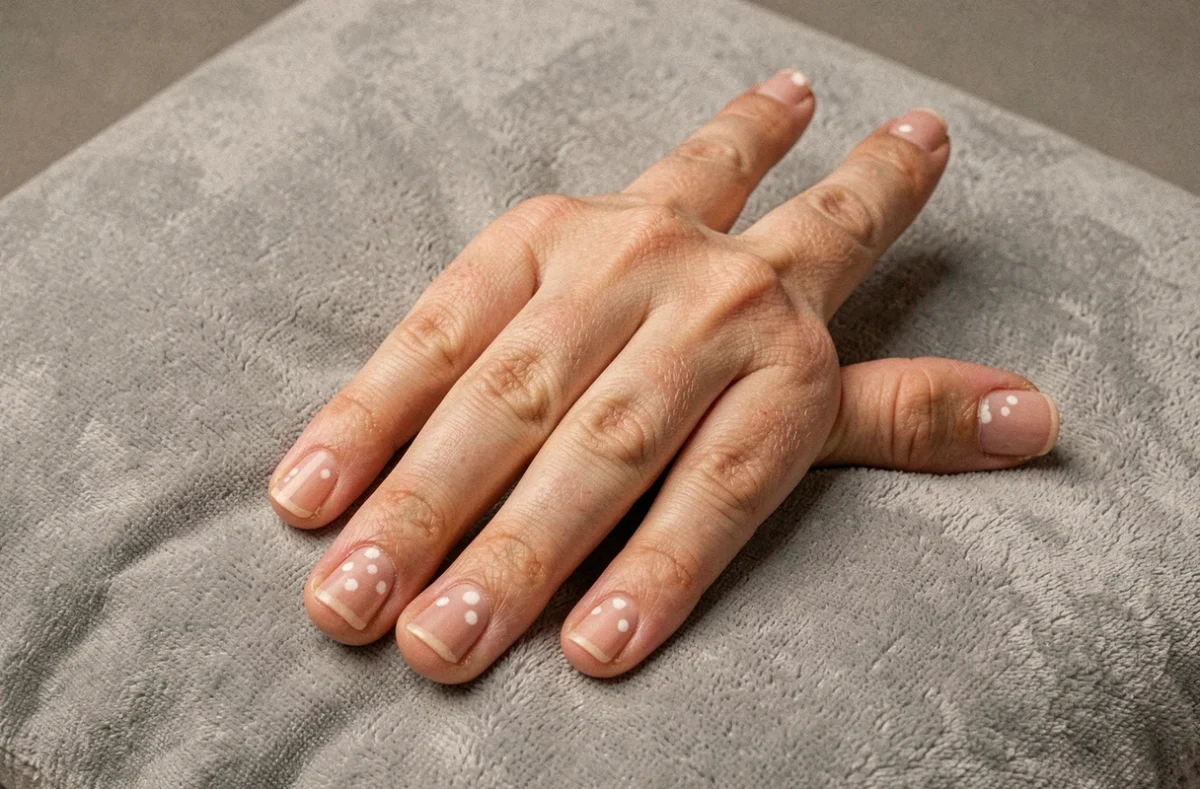 Gros plan sur des ongles présentant des taches blanches et une leuconychie partielle, symptômes à montrer à un dermatologue