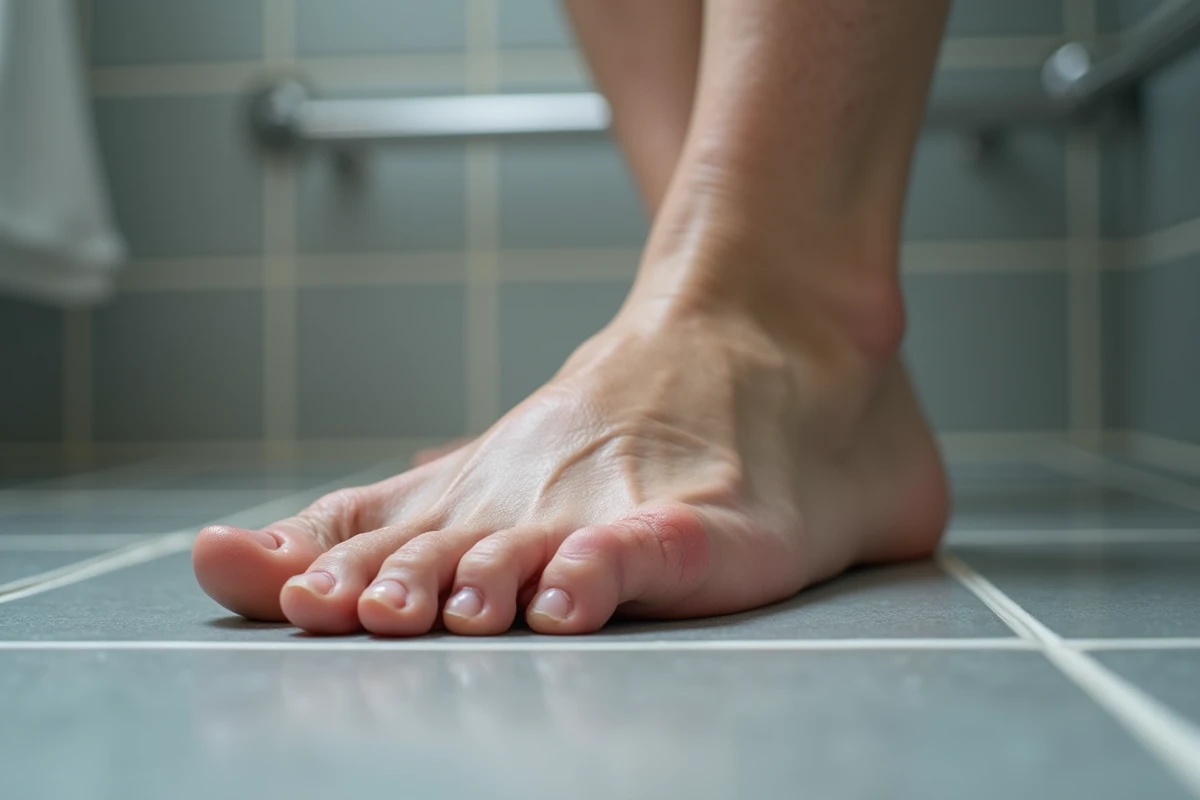 Gros plan du côté extérieur d'un pied posé sur du carrelage, montrant les signes visuels d'une arthrose latérale douloureuse