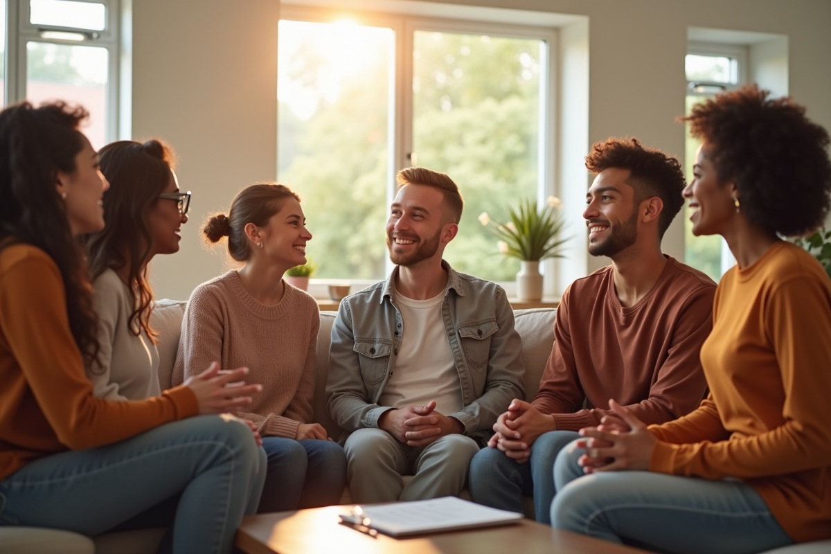 Groupe diversifié discutant dans un salon lumineux