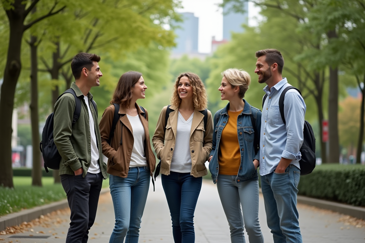 Groupe diversifié en discussion dans un parc urbain
