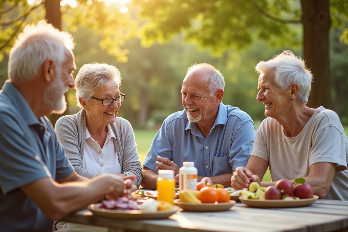 Groupe de seniors partageant un pique-nique en plein air