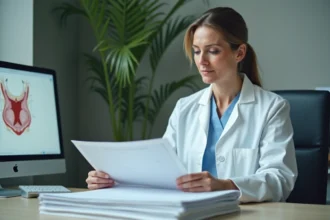 Gynécologue examinant un rapport de cytologie cervicale dans un cabinet médical moderne
