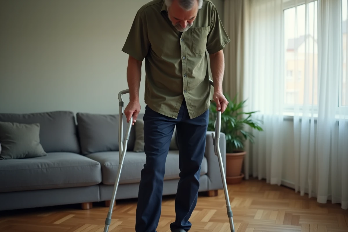 Homme souffrant d'algodystrophie du genou se déplaçant avec une béquille à son domicile