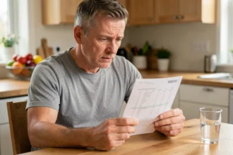 Homme d'âge mûr consultant ses résultats d'analyse de sang avec un taux de gamma-GT, assis dans une cuisine