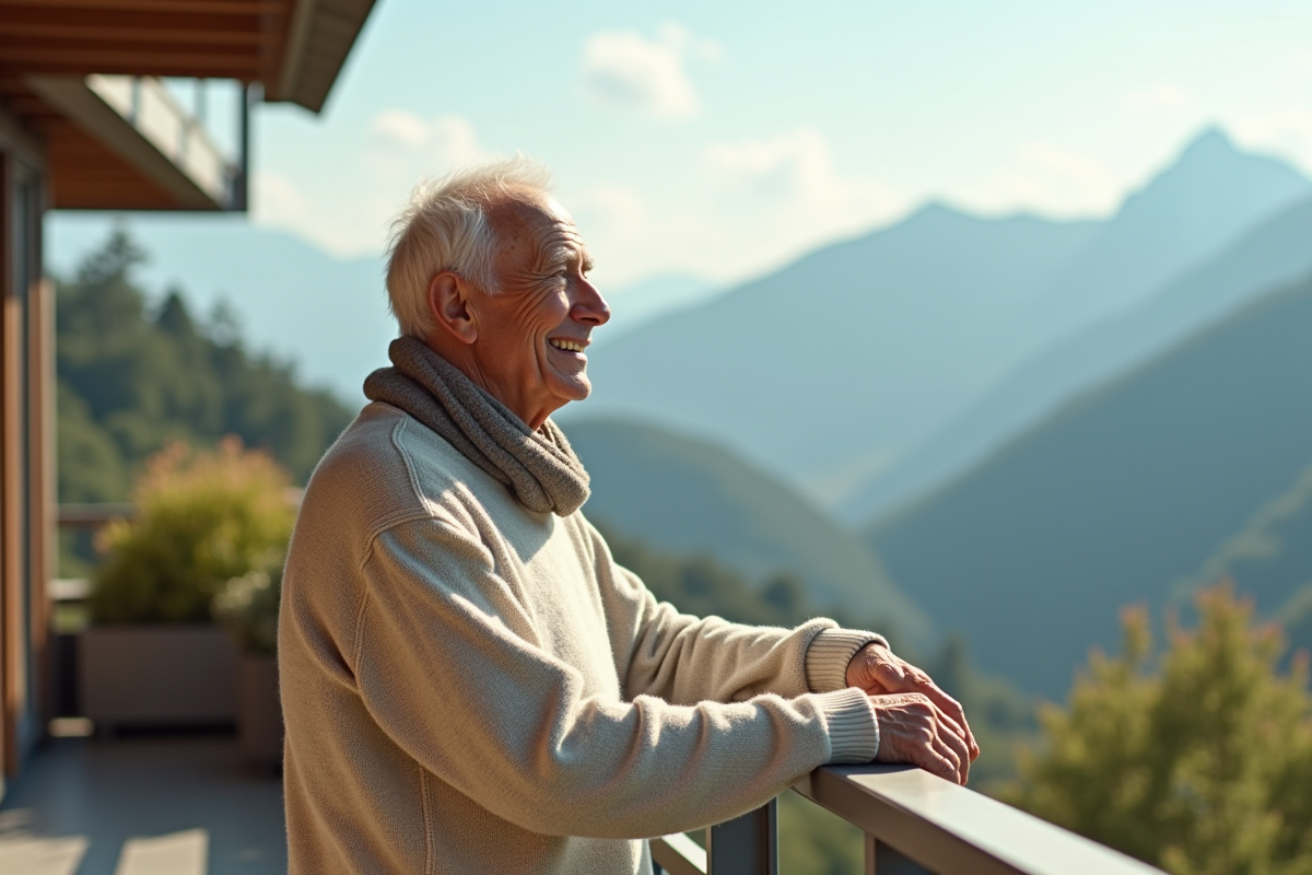 Homme âgé admirant la vue montagne depuis un balcon