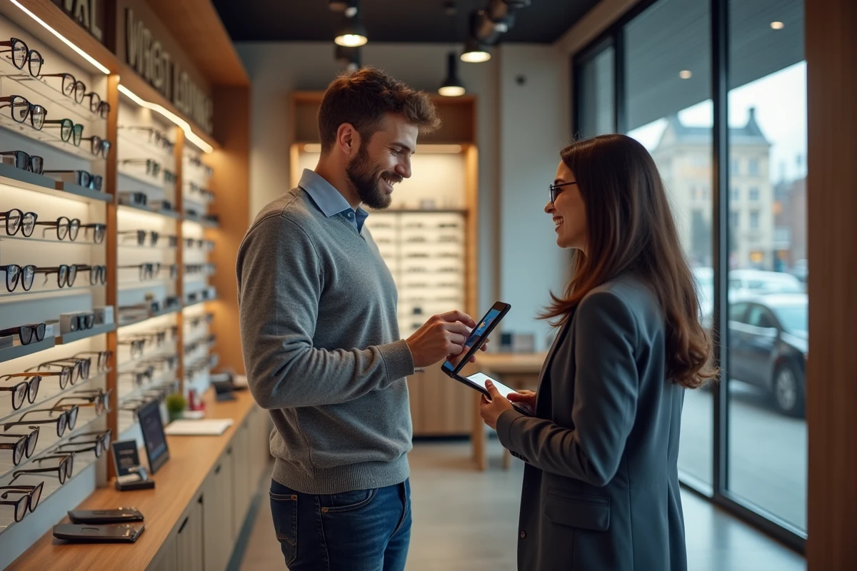 Homme dans boutique optique utilisant une tablette pour calcul de lentilles