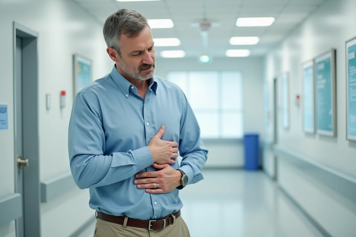 Homme debout dans un couloir médical avec une main sous la poitrine