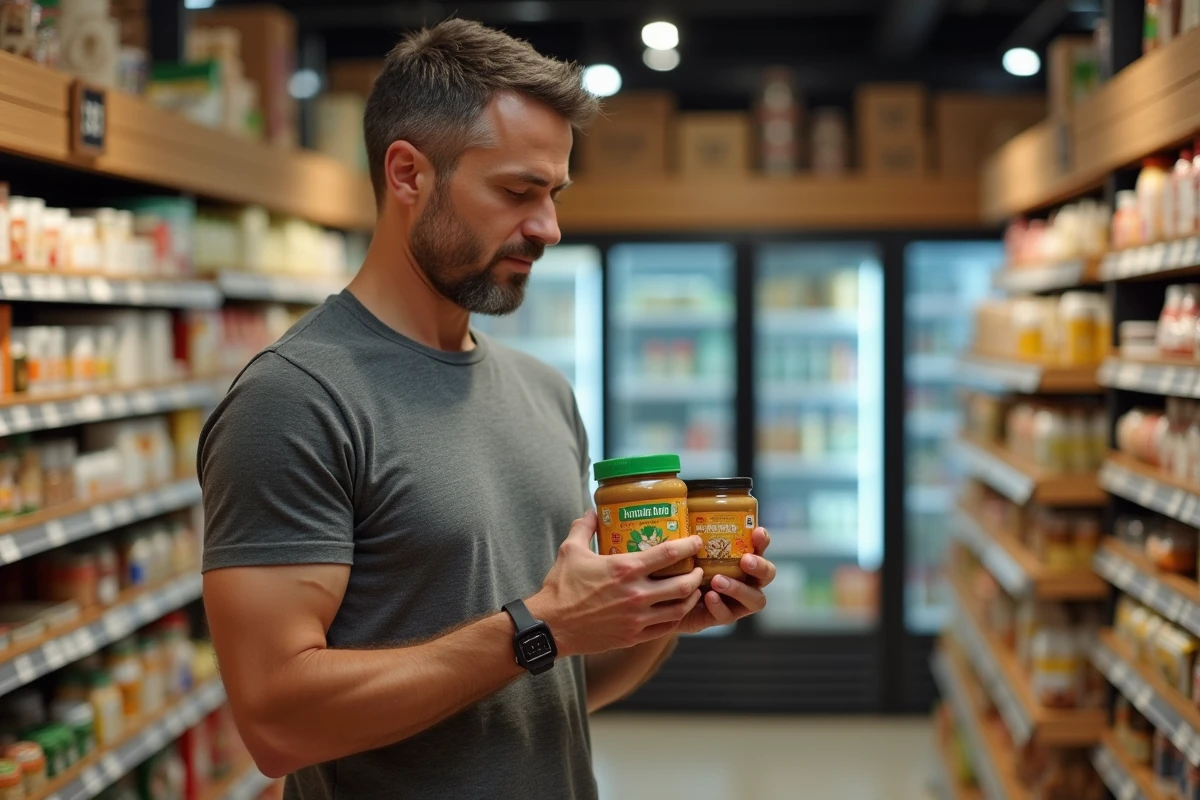 Homme comparant deux pots de beurre de cacahuète naturel dans le rayon d'une épicerie bio