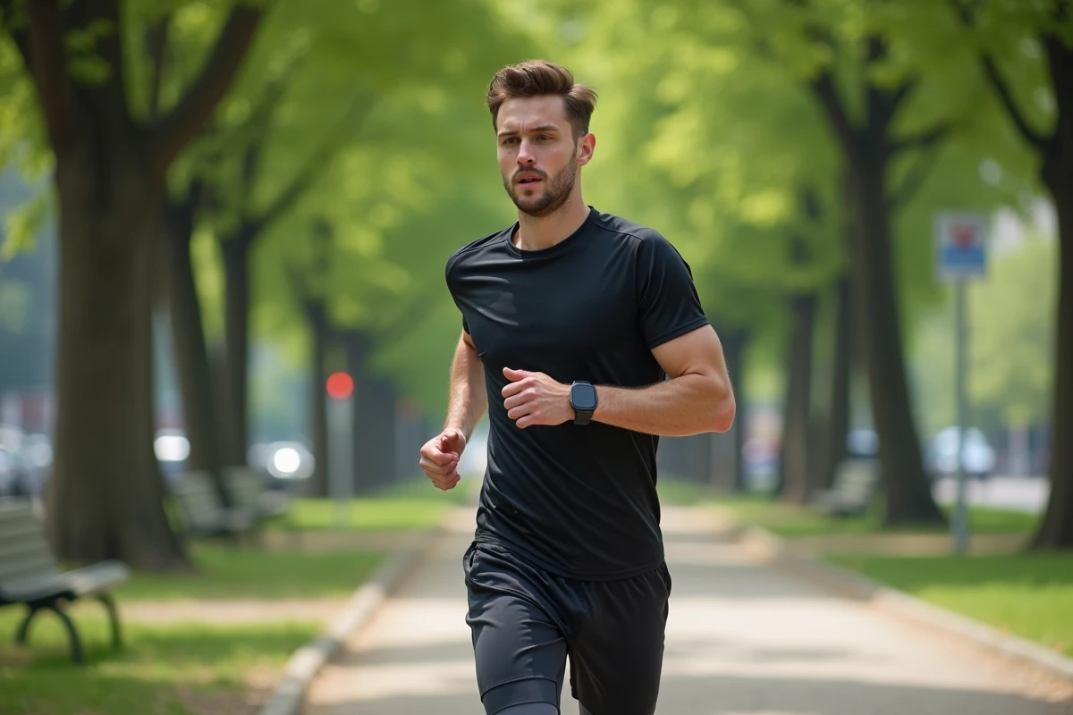 Homme courant dans le parc avec application fitness sur smartwatch