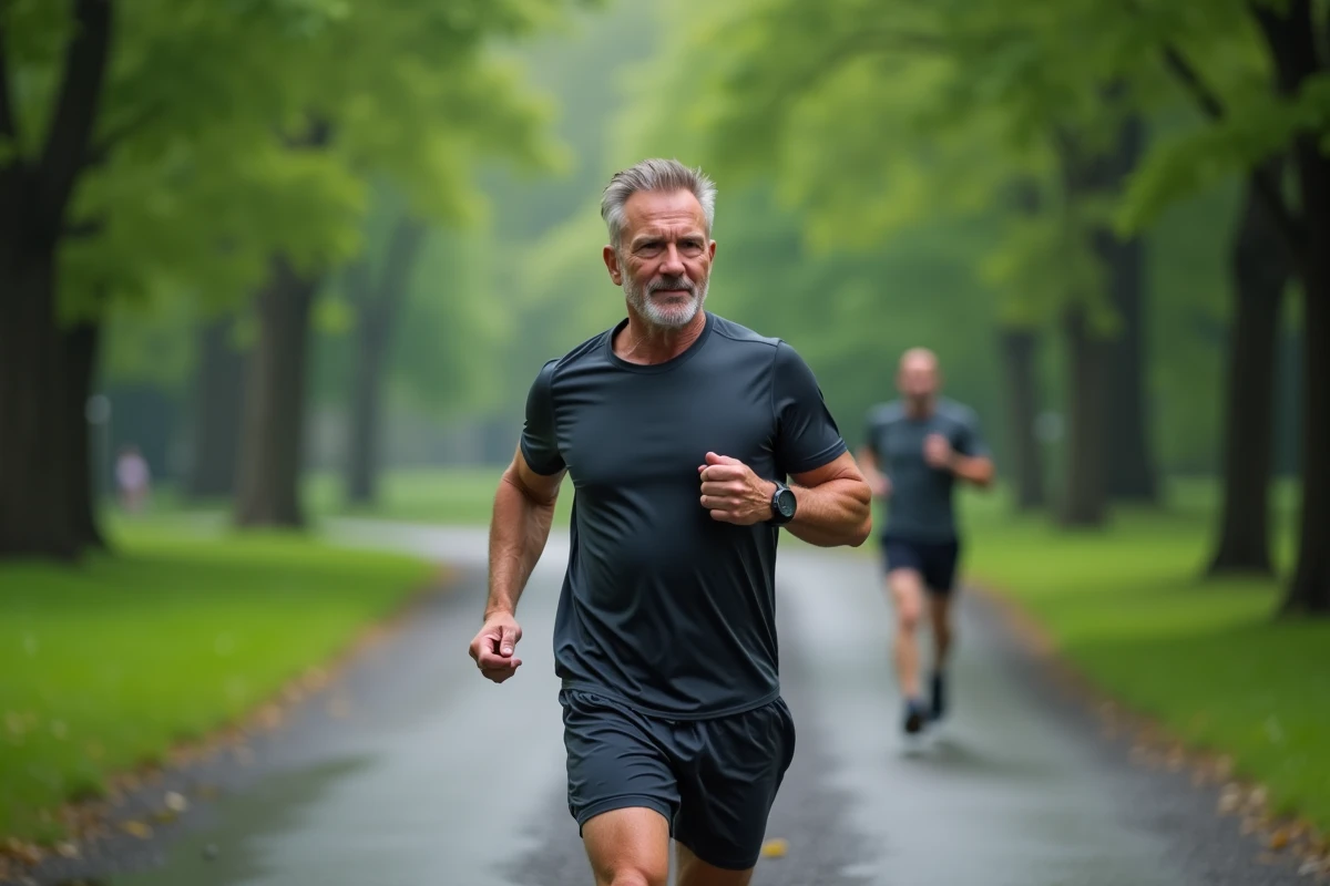 Homme d age courant dans un parc après la pluie