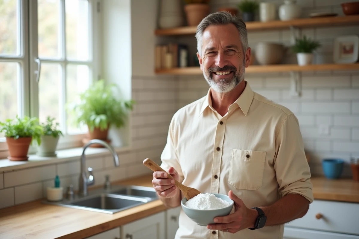 Homme souriant tenant un bol de bicarbonate dans la cuisine