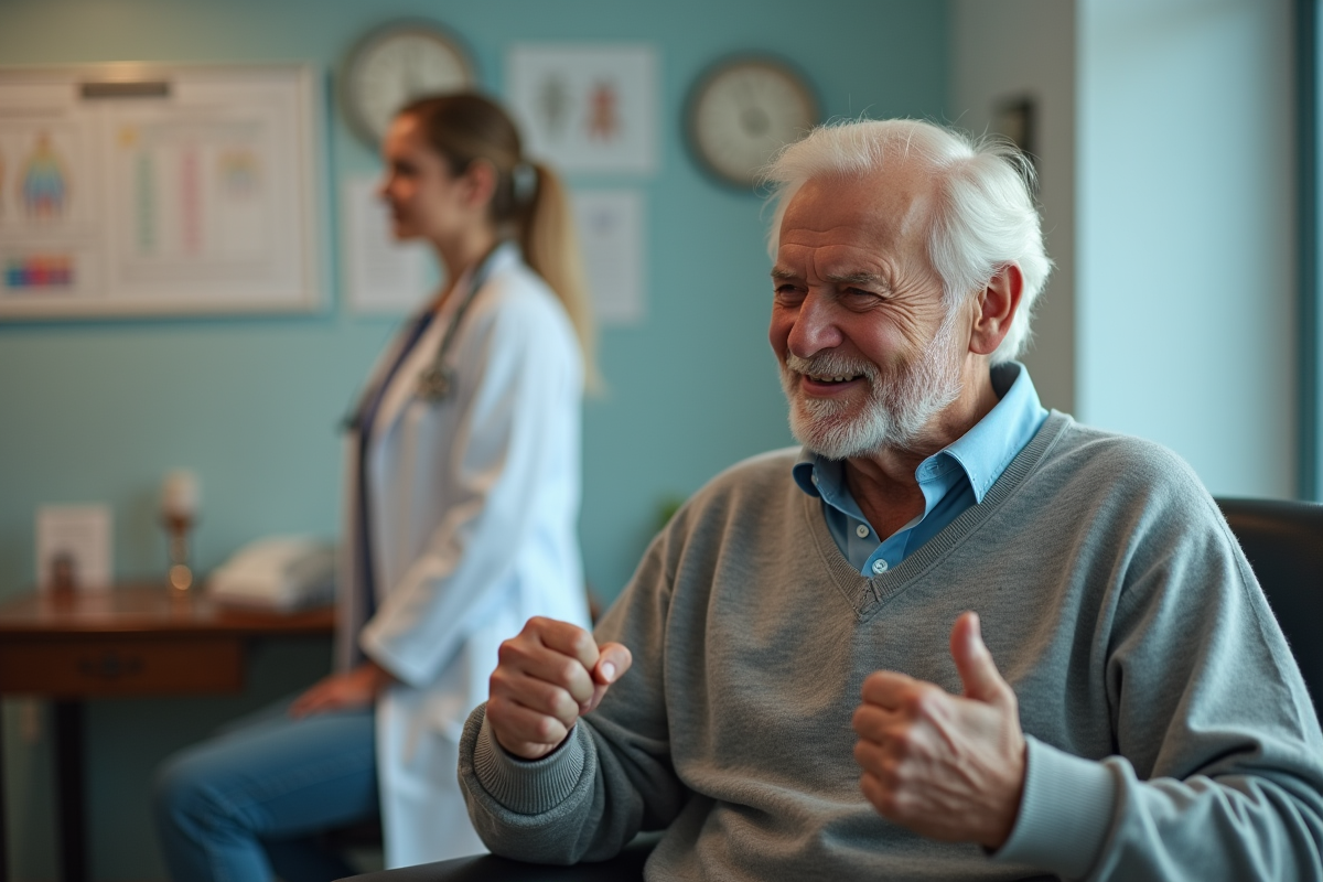 Homme âgé en consultation chez le médecin avec un sourire