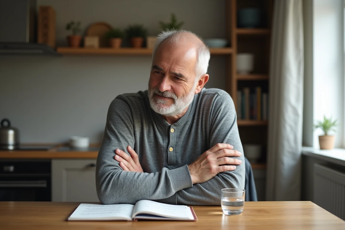 Homme souffrant d'une douleur à droite sous les côtes assis à une table avec des notes sur ses symptômes